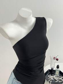 Elamini Women's Casual Asymmetric Hem Ruched Slim Fit Black Top, Spring/Summer - Black - View 1