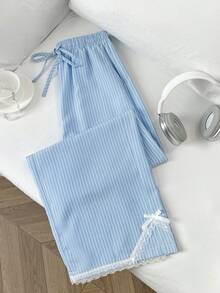 Elamini Women's Vacation Casual Striped Lace Trim Pants - Blue - View 6