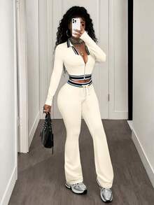 BamGleam 两件套撞色翻领短款拉链上衣和修身喇叭裤，运动休闲时尚风 - 杏色 - 查看 7