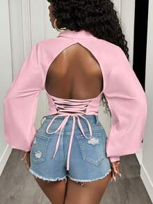 BamGleam 纯色衬衫领露背系带性感露肩袖女式衬衫 - 粉色 - 查看 3