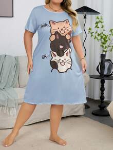 大码可爱小猫针织短袖睡衣 - 彩色 - 查看 4