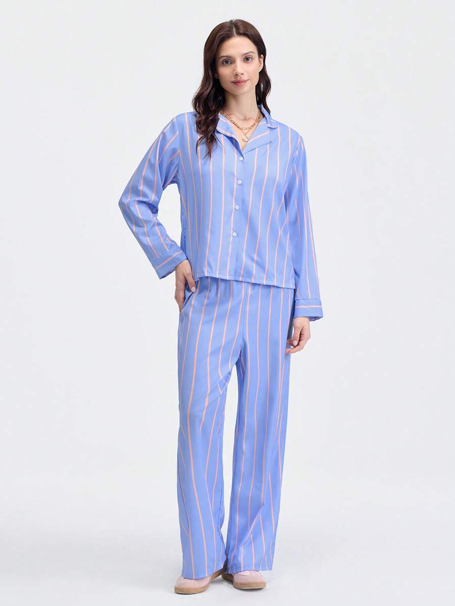 Loungeista 女士宽松舒适透气条纹长袖上衣和裤子两件套家居服，冬季服装