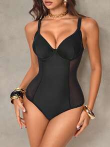 Shapewave 26SS 春夏度假沙滩塑身钢圈支撑黑色网纱性感优雅连体泳衣，新款女士泳装到货，适合上学、度假、约会、下午茶、西式、邮轮、海滩、海岛、公路旅行、四季皆宜、音乐节、波西米亚风度假、凉爽秋季、西部波西米亚风、优雅女士塑身连体泳衣黑色连体泳衣系带连体泳衣单件式泳衣性感连体泳衣女士系带露背泳衣女士单件式编织肩带连体泳衣 - 黑色 - 查看 5