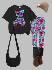 2pcs/Set Girls Casual Chic Creative Personalized Fresh Minimalist Cartoon Rabbit Bow Heart Teddy Bear Face Tie-Dye Letter Graphic Print T-Shirt And Pants Suit, Comfortable Daily Wear, Suitable For Spring, Summer, Autumn