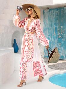 Vivid Eden Đầm dài tay cổ chữ V hở lưng in họa tiết Bohemian dành cho nữ - Hồng - Xem 9