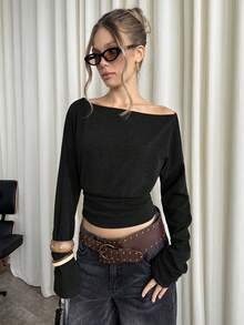 SHEIN BAE 女士纯色休闲斜肩长袖上衣，秋季 - 黑色 - 查看 6