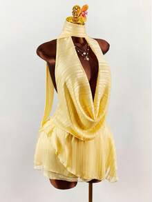 Amplova Vestido con cuello drapeado exagerado, lazo de cinta y drapeado fruncido - amarillo ganso - Ver 12