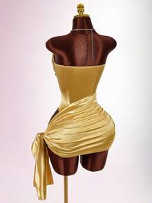 Amplova 女士性感系带迷你连衣裙，亮片拼接裹身裙摆，性感时尚，适合派对和夜店穿着。 - 金色 - 查看 9