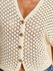 Travachic Women's Solid Color Hollow Out Single-Breasted Bat Sleeve Knit Top, Vacation Casual Terno For Women, Summer Holidays, Spring Breaks, Party, Beach, Spring , Valentine's Day, Valentines For Women, Carnival Costume, Elegant, Carnival, Spring To Summer , Party, Mexican Style - Apricot - View 8