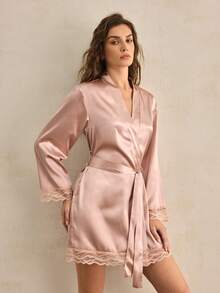 Charlaine Elegant French Satin Lace Women Robe - Dusty Pink - View 6