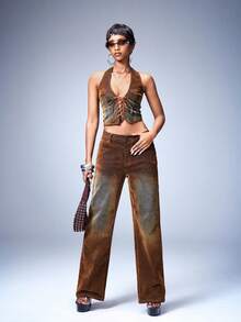 Y2Kool BiGraphic Quần jeans nữ dáng rộng, chất liệu denim màu nâu nhạt, kiểu dáng vintage Y2K, thích hợp cho mùa thu/đông, xuân/hè, các kỳ nghỉ, tiệc tùng, ngày Valentine và phối đồ hàng ngày. - màu nâu - Xem 7