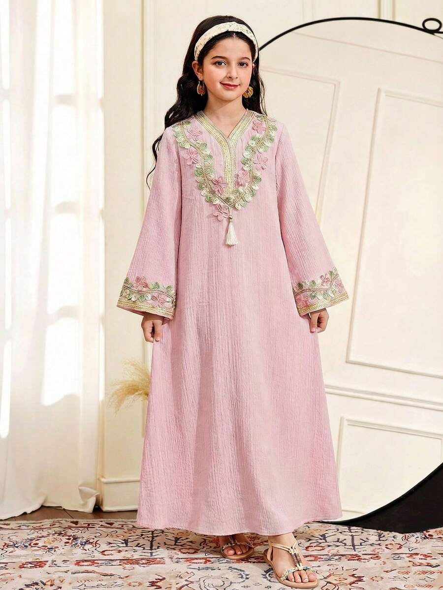 SHEIN 少女休闲V领宽松金属丝带流苏睡袍 - 粉色 - 查看 1