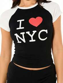 SUMWON WOMEN I Love NYC" Heart Graphic Baby Tee Raglan Sleeve Contrast Top Short Sleeve Casual Crop Fit Casual Street Style Urban Fashion - Black - View 5