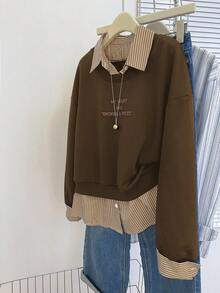 Resyla Felpa casual con stampa slogan e spalle scoperte, taglie comode per donna - Moka Marrone - Visualizzare 1