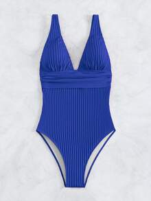 Swim Chiccia 素色深V領連體泳衣 - 寶藍色 - 查看 3