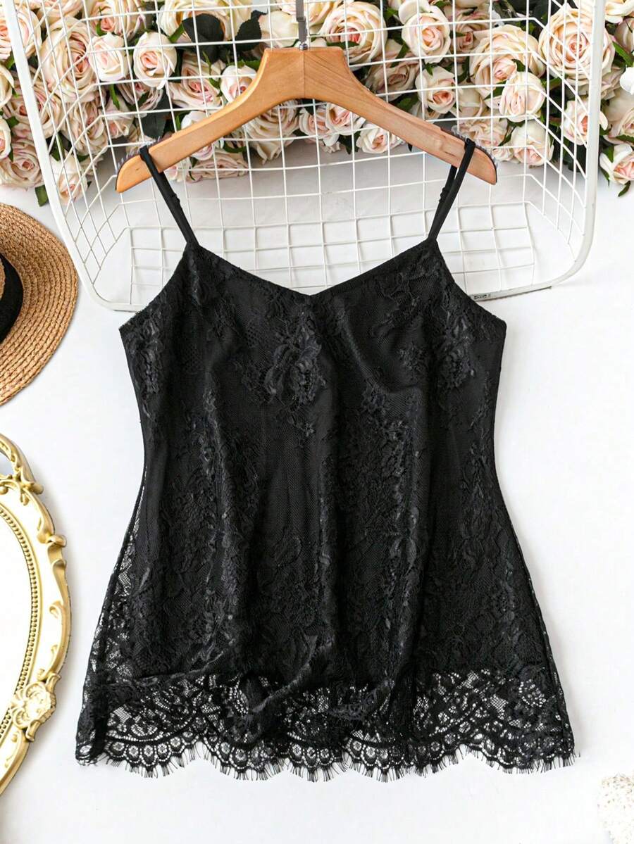SHEIN LUNE Áo camisole nữ màu trơn, chất liệu ren, dáng regular fit, thanh lịch, cơ bản mặc hàng ngày. - màu đen - Xem 1