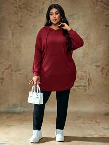 Truni Plus Size Casual Solid Color Drawstring Hooded Sweatshirt, Autumn New Years Women Birthday Women Fall Sweatshirt Winter, For Pear & Triangle Body Shape - Burgundy - View 7