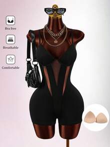 Amplova Neujahr & Valentinstag schwarzer transparenter sexy tief ausgeschnittener gepolsterter Büsten-Bodysuit-Shorts - Schwarz - Übersicht 1