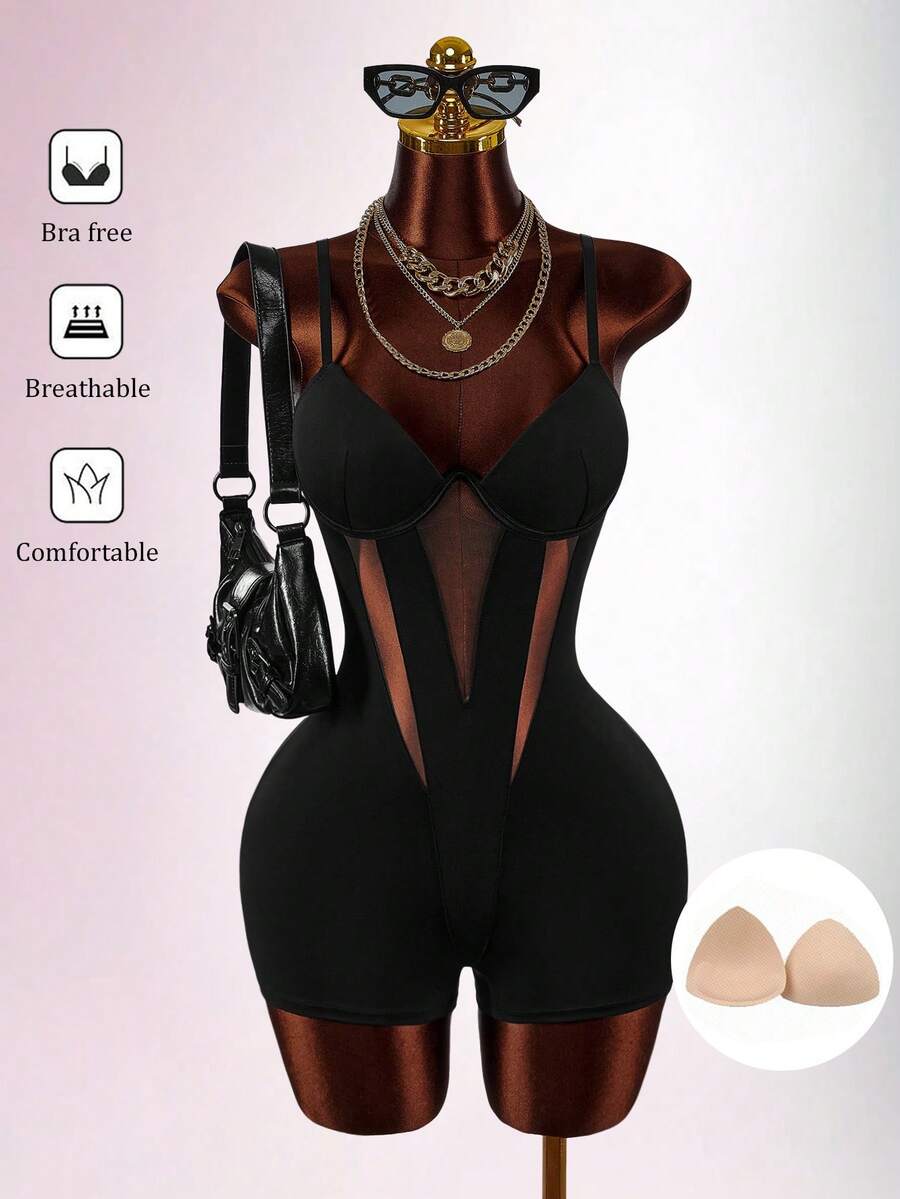 Amplova Neujahr & Valentinstag schwarzer transparenter sexy tief ausgeschnittener gepolsterter Büsten-Bodysuit-Shorts - Schwarz - Übersicht 1