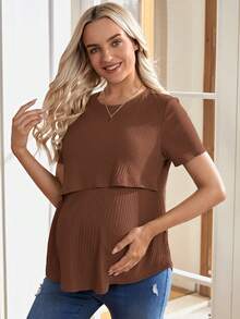 SHEIN Áo thun ngắn tay cổ tròn màu trơn, thích hợp cho bà bầu và cho con bú, mùa hè. - Cà phê nâu - Xem 5