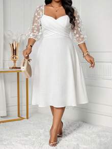 SHEIN Lady 大码夏季优雅撞色网纱贴花心形领连衣裙 - 白色 - 查看 5