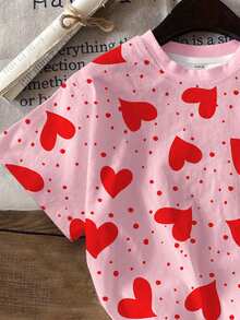 少女波点爱心印花宽松休闲圆领T恤，适合夏季、日常穿着和返校季。 - 彩色 - 查看 6