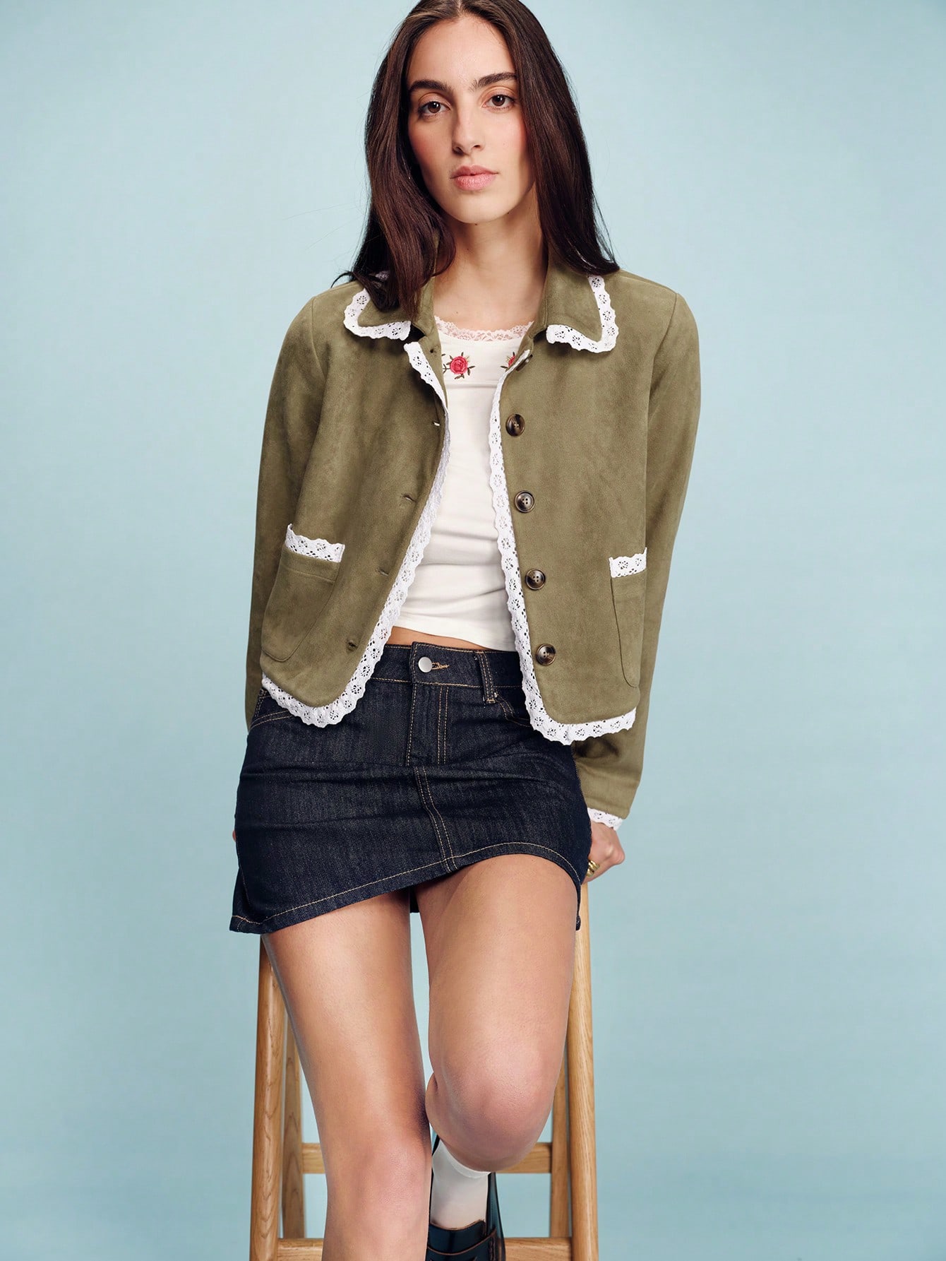 Khaki Suede Effect Jacket With Contrast White Lace Trim Button Front And Patch Pockets Cute Vintage Romantic Outerwear French Style Parisian Style