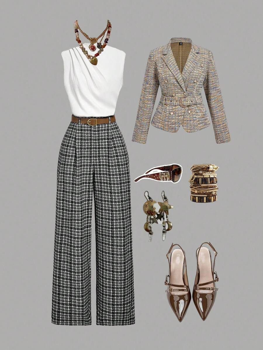 SHEIN MOD 大码女装夏季欧美时尚性感纯色吊带金属装饰修身休闲连体裤粗花呢西装外套格子裤时尚阔腿裤女装套装 - 黑與白 - 查看 1