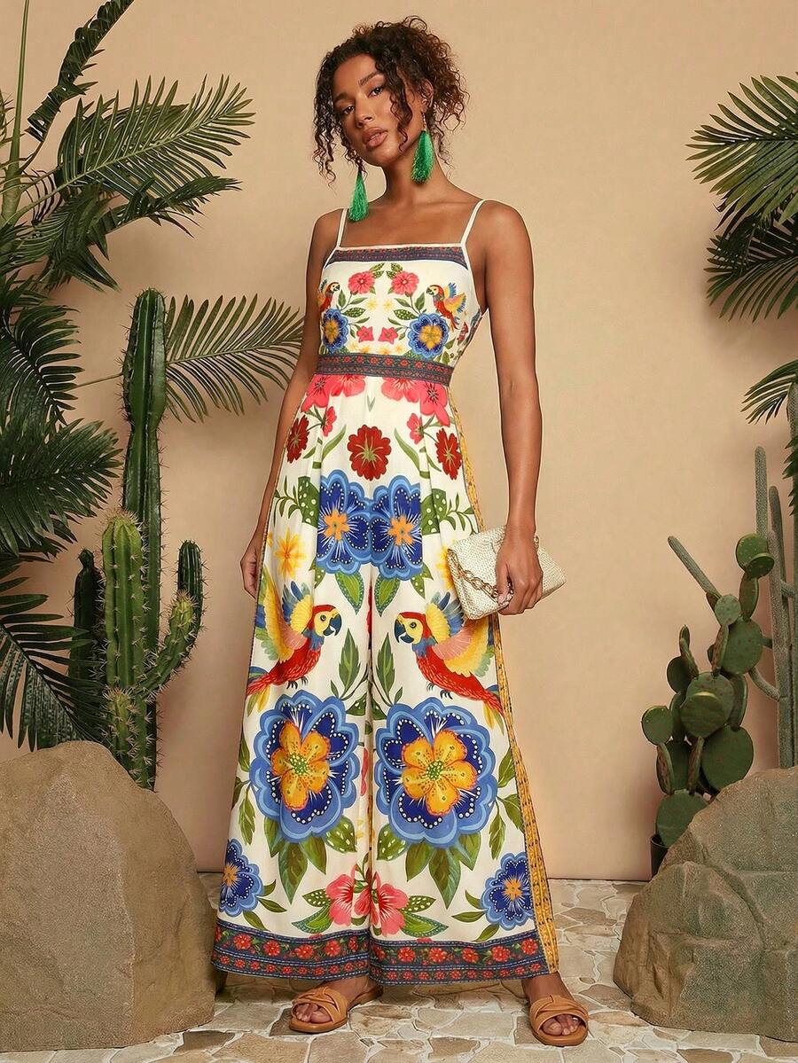 Travachic Bộ áo liền quần ống rộng, in họa tiết, chất liệu vải dệt dành cho nữ. - Màu xanh lam - Xem 1