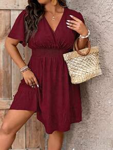 EMERY ROSE Plus Size Casual Burgundy V Neck Wrap A Line Dress With Flounce Sleeves And Hem Knee Length Perfect For Summer Vacations - Burgundy - View 4