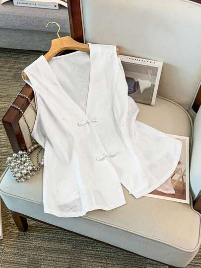 GlowEve CURVE Plus Size Women's Elegant Satin Jacquard New Chinese Style Button Vest Jacket, V-Neck Design, Suitable For Daily Commute, Outdoor Photo Shoot, Party, Evening Event, Club Wear