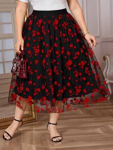 Reflora Plus Size Multicolor Flocking Flared Midi Skirt With Random Print Ruffle Hem - Multicolor - View 1
