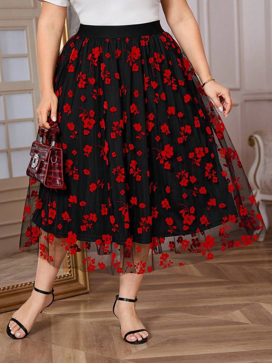 Reflora Plus Size Multicolor Flocking Flared Midi Skirt With Random Print Ruffle Hem - Multicolor - View 1