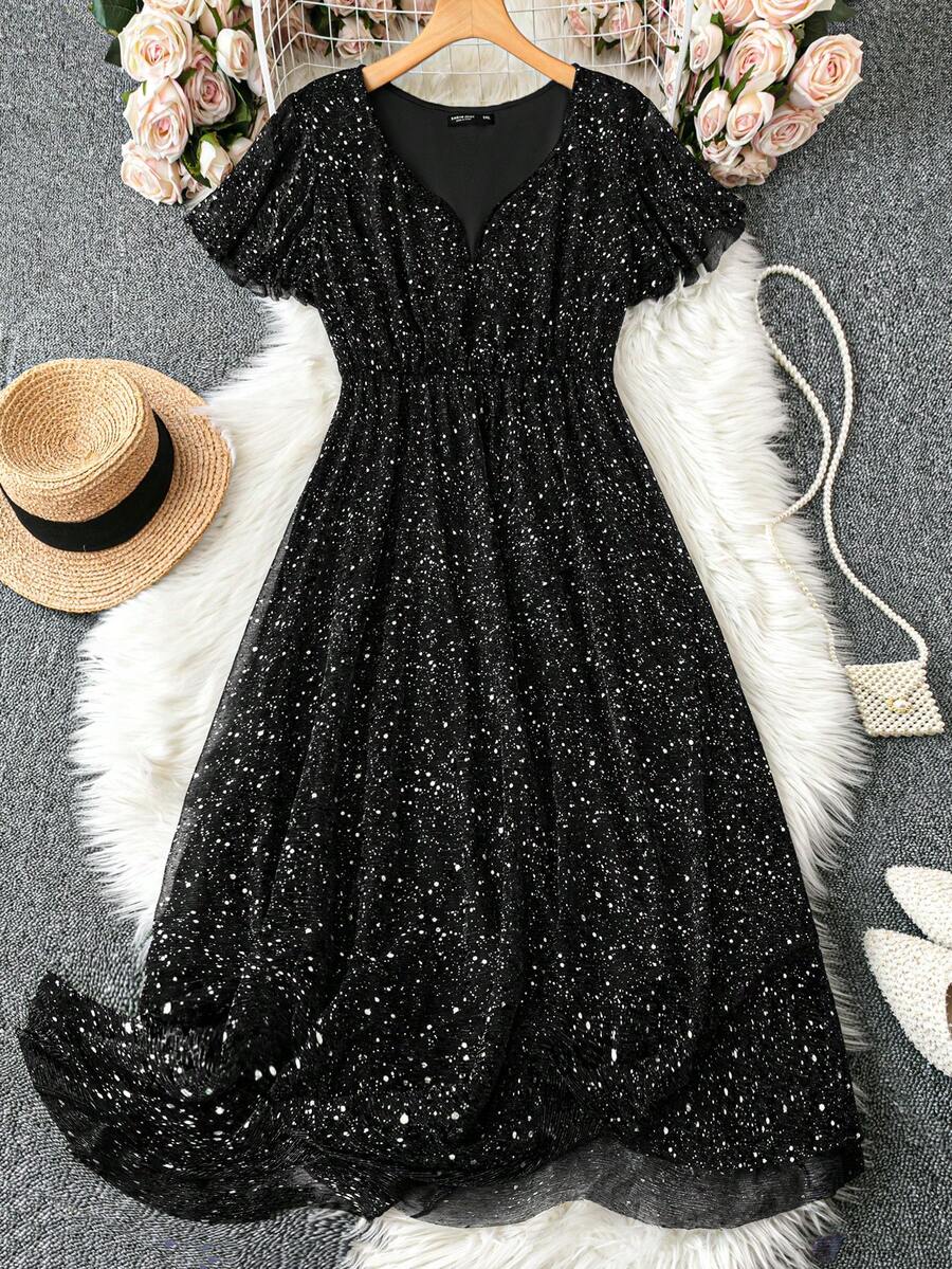 SHEIN Clasi Plus Size Glitter Pattern Elegant Short Sleeve Dress - Black - View 1