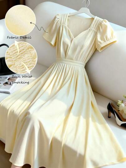 GlowEve 女士纯色腰部收褶A字连衣裙，优雅百搭，适合假日、通勤、时尚穿搭、情人节、约会、法式街头风、复古风、派对场合，早春/春夏新款，中长款，浅黄色