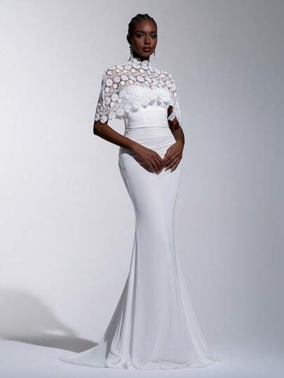 Elitara 2 Pieces Elegant Luxury Set: French Embroidered Lace Shawl, Cold Shoulder Mermaid Hem Bodycon Dress, Suitable For Various Occasions Such As Wedding Gowns And Formal Dresses