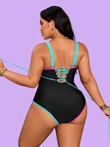 Shapewave Áo tắm một mảnh gợi cảm dành cho nữ cỡ lớn, màu trơn, chất liệu vải dệt kim, dây mảnh, hở lưng, dây chéo. - màu đen - Xem 2