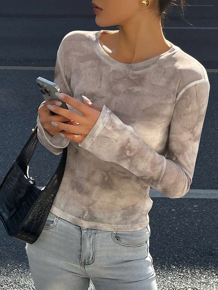 4pcs Women's Casual Mesh Fitted Crew Neck Long Sleeve Printed Tops