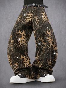 Manfinity Denimwave Men's Leopard Print Rhinestone Embellished Loose Straight Leg Jeans - Multicolor - View 7