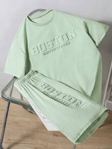 Mirajuku 2pcs Teenage Boys' Mint Green Casual Vacation Fashion Sports Short Sleeve T-Shirt And Shorts Set, 3D Letter Print Minimalist Sports Outfit, Summer