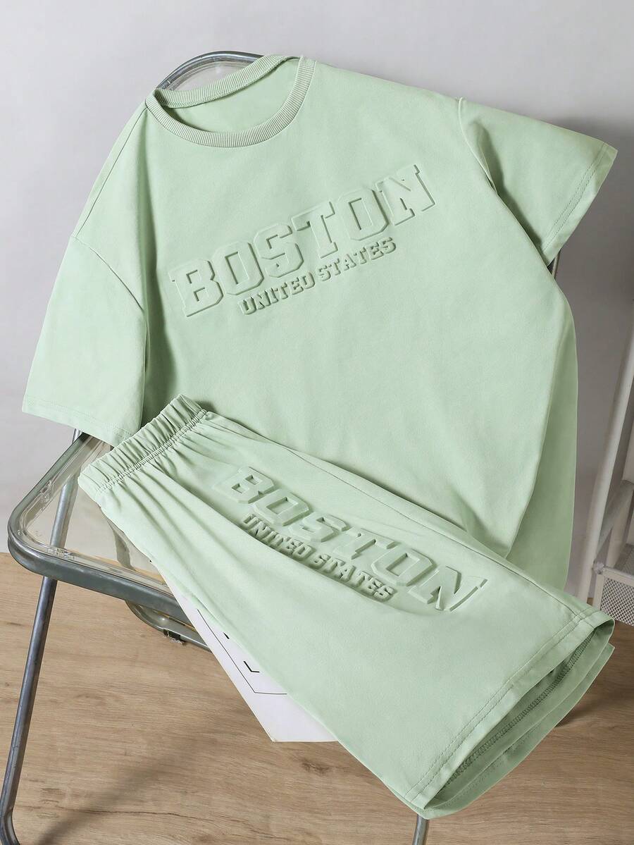 Mirajuku 2pcs Teenage Boys' Mint Green Casual Vacation Fashion Sports Short Sleeve T-Shirt And Shorts Set, 3D Letter Print Minimalist Sports Outfit, Summer