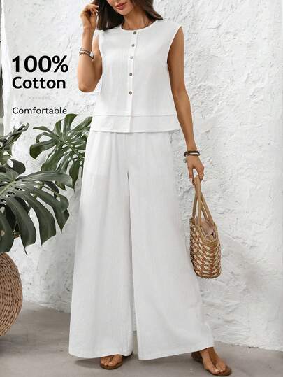 EMERY ROSE Conjunto casual de 2 piezas de chaleco de unicolor con diseño de botones y pantalones con bolsillo para mujer