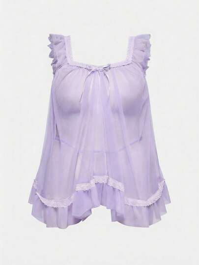 ROMWE Kawaii Plus Size Sexy Sheer Ruffle Trim Nightgown Set