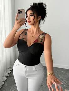 SHEIN Elenzya Áo kiểu nữ cỡ lớn thanh lịch, thường ngày, phối lưới, hở lưng, dây buộc, không tay, cổ chữ V sâu, thích hợp đi làm. - Nhiều màu - Xem 4