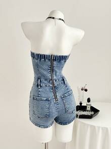 Elamini Y2K Denim Strapless Elastic Romper - Light Wash - View 2