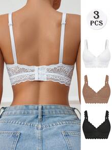 3 chiếc áo ngực nữ gợi cảm, thanh lịch, màu trơn, ren hoa, viền ren lượn sóng, nâng ngực có gọng, kiểu push-up, nâng tức thì. - Nhiều màu - Xem 2