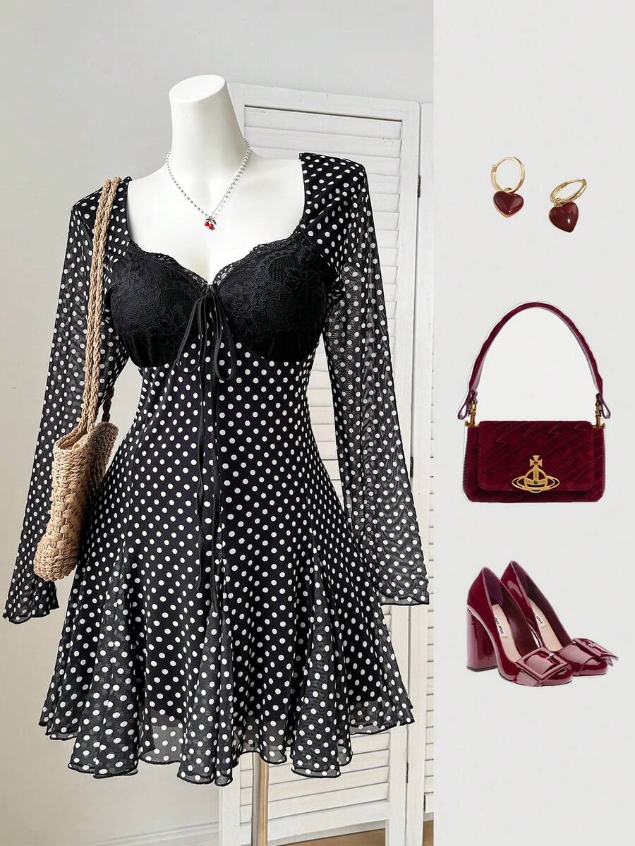 Comfortcana Đầm chữ A tay loe chấm bi đen trắng dáng rộng, cỡ lớn, chất liệu lưới, thích hợp cho mùa xuân/thu. - Đen và trắng - Xem 1