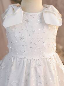 SHEIN Young Girl Elegant Floral Bow Tie Waist Sleeveless White Dress, Princess Dress, Casual Everyday Wear, Wedding Season Dress, Valentine's Day, Flower Girl Dress - White - View 8