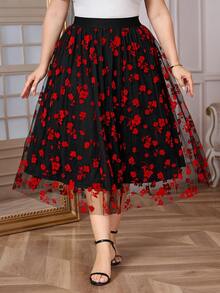 Reflora Plus Size Multicolor Flocking Flared Midi Skirt With Random Print Ruffle Hem - Multicolor - View 6