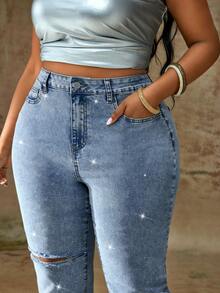 Truni Plus Size Casual Washed Distressed Rhinestone Embellished Jeans, For Pear & Triangle Body Shape - Blue - View 6